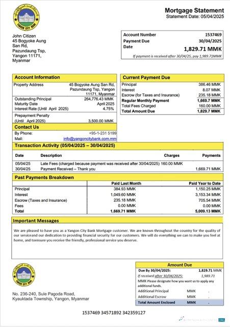 Download Myanmar Yangon City Bank mortgage statement Word and PDF template Photoshop template
